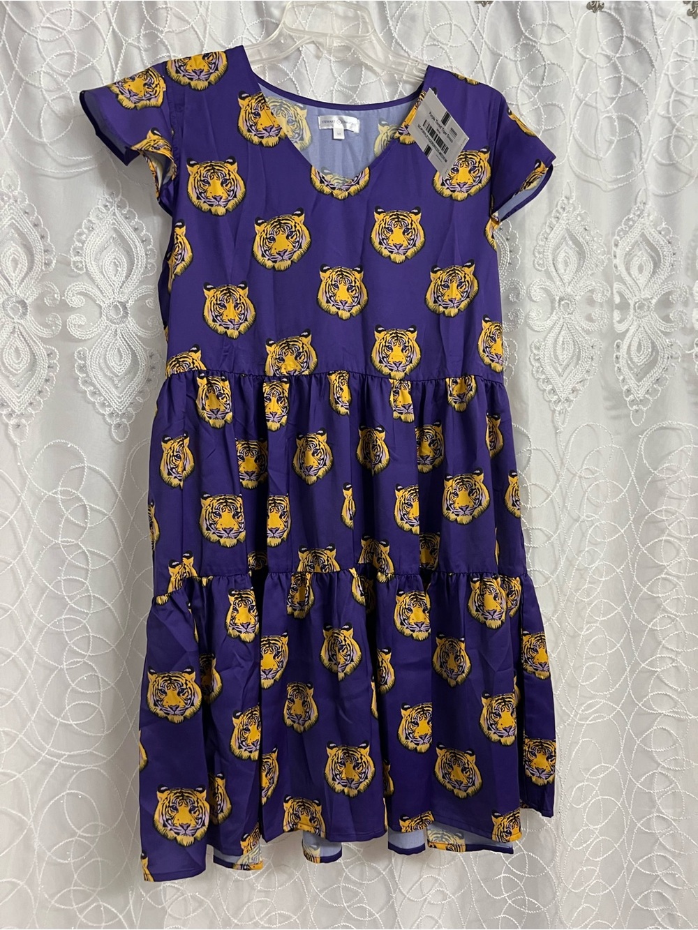 Ladies Purple Tiger Print Tiered Dress